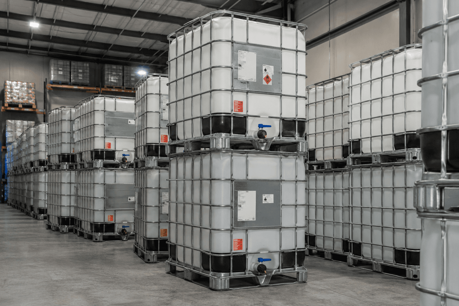 IBC totes stacked in our warehouse facility