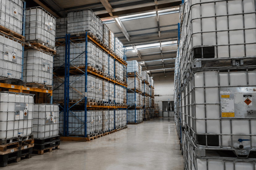 IBC totes organized on industrial racking