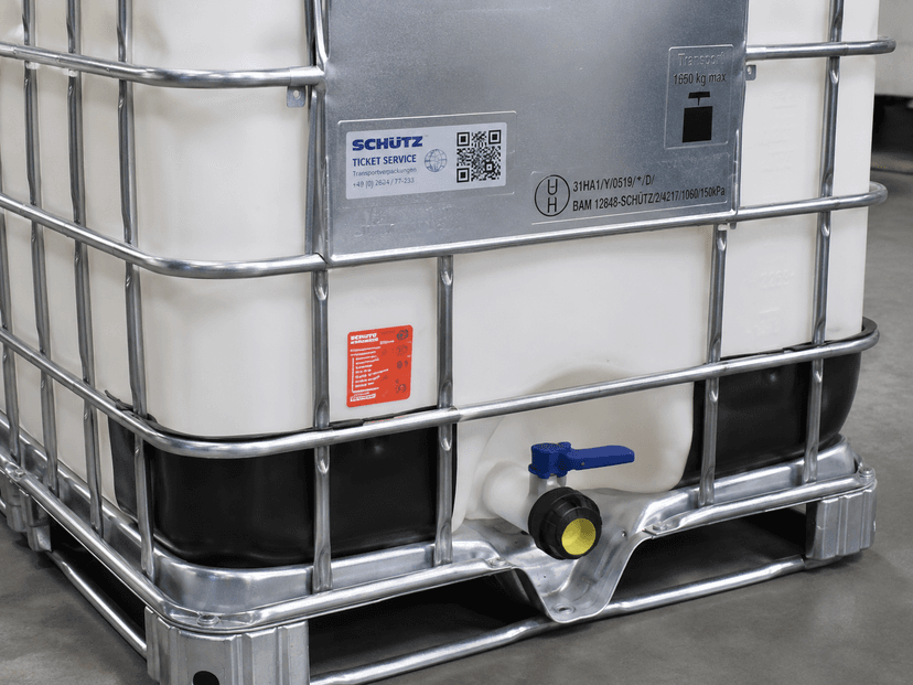 Close-up of IBC tote valve and UN markings