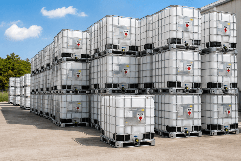 Clean IBC totes stacked outdoors ready for delivery